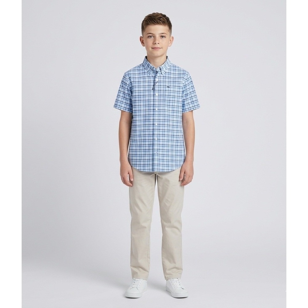 Vineyard Vines Boys L 14-16 Performance Cotton Plaid Shirt Ocean Splash Blue New